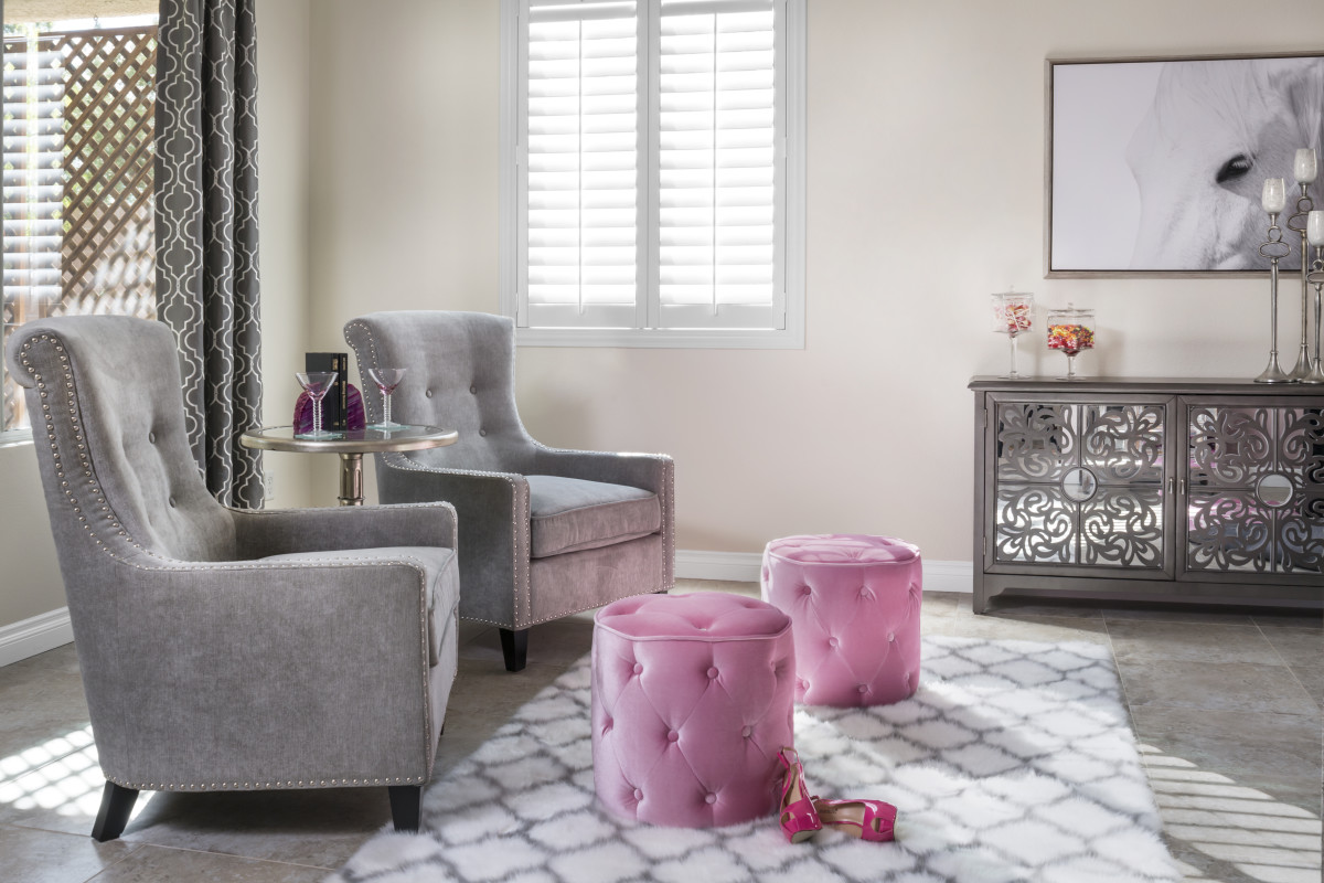 San Antonio pink living room with shutters